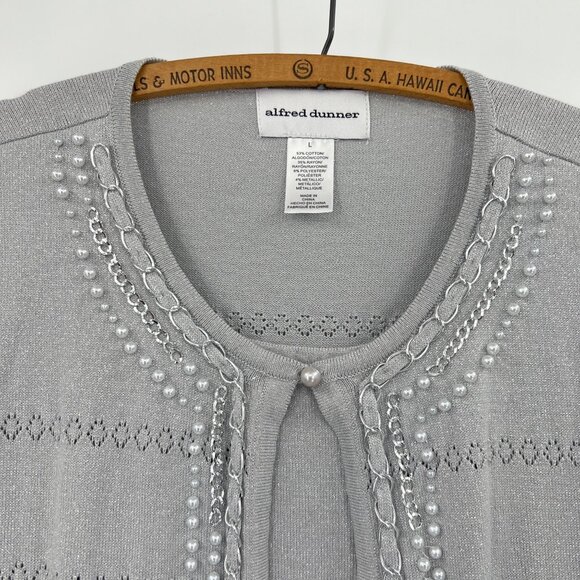 Alfred Dunner Stunner Cardigan Large Silver Open-Front With Pearls & Chains - Picture 4 of 6